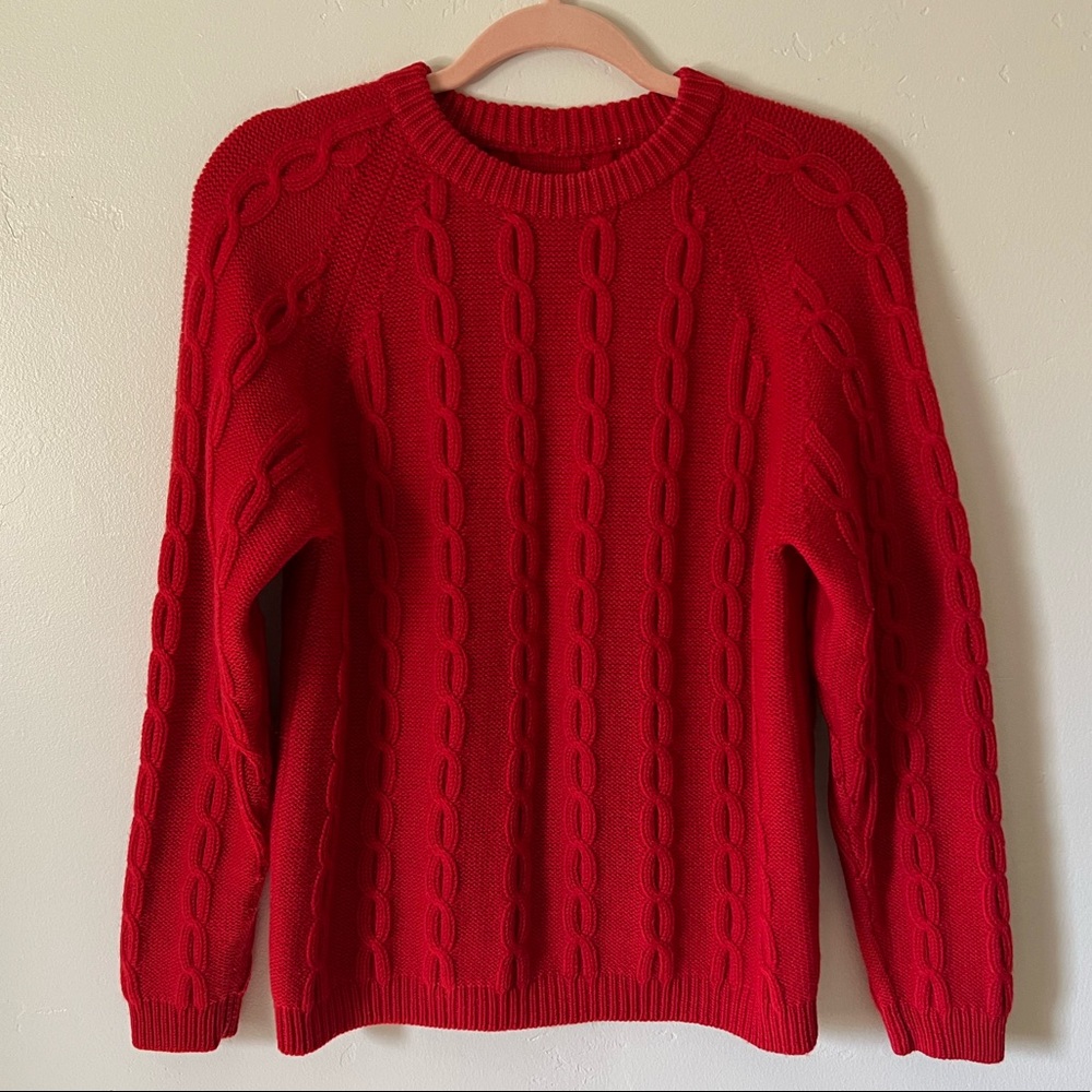 Ralph Lauren Cotton Crewneck Cable Knit Chunky Sweater Red Burgundy